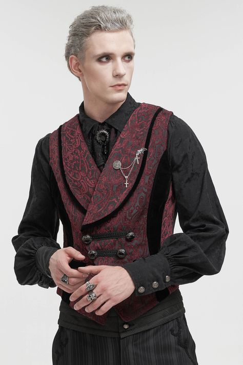 Description: 1.The fabric is 80% polyester and 20% cotton. 2.Lapel collar design. 3.Patterned metal buttons on front and floral buckled cross belt on back. Brand: Devil Fashion Name: black and red gothic retro gorgeous jacquard wedding party waistcoat for men Version: Slim-fitting Soft index: fit Elastic index: inelastic Thickness index: thick Fabric composition: Polyester 80% Cotton 20% Weight: 0.67 kg Red Waistcoat Men, Romantic Goth Outfits Men, Gothic Male Fashion, Velvet Vest Mens, Gothic Waistcoat, Mens Victorian Fashion, Victorian Gothic Fashion, Mens Alternative Fashion, Victorian Mens Fashion