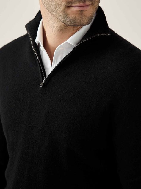 Business Casual Looks, Cashmere Suit, Black Pure, Mens Cashmere, Cashmere Yarn, Cashmere Jumper, 12 Gauge, Northern Italy, Black Zip Ups