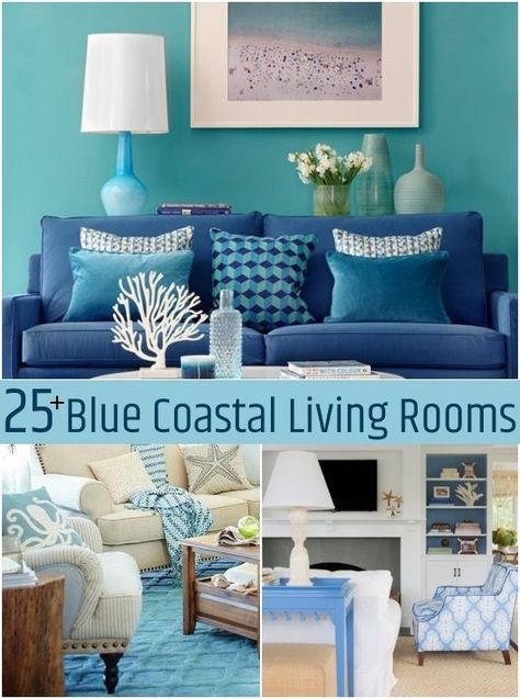 Blue Coastal Living Rooms Blue Theme Living Room, Blue Coastal Living Room, Small Coastal Living Room, Neutral Coastal Living Room, Aqua Living Room, Blue Sofa Living, Beachy Living Room, Beach Style Living Room, Blue Painted Walls