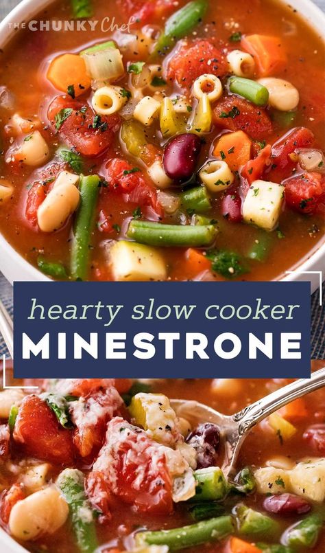 Slow Cooker Minestrone Soup, Slow Cooker Minestrone, Crockpot Minestrone, The Chunky Chef, Soup Crockpot, Dinner Soup, Chunky Chef, Minestrone Soup Recipe, Crockpot Soup Recipes