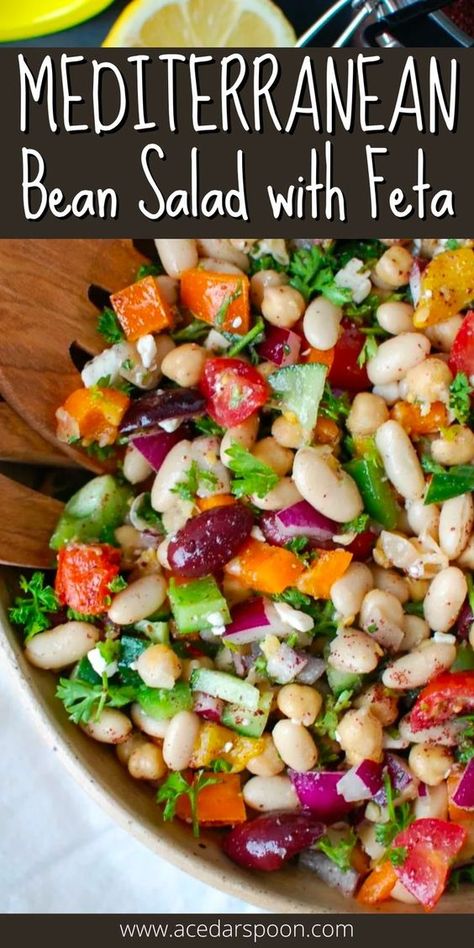 This Mediterranean Bean Salad recipe is the perfect addition to a healthy lifestyle, packed with nutritious ingredients such as chickpeas, white beans, and your favorite Mediterranean vegetables. The added crumbled feta cheese gives it a rich and creamy taste, while the light lemony dressing enhances the flavors of the salad. Perfect as a side dish or even as a main meal, this recipe is easy to prepare and will definitely satisfy your cravings for a hearty and delicious salad. Mediterranean Bean Salad, Lemony Dressing, Mediterranean Vegetables, Mediterranean Recipes Healthy, Mediterranean Diet Recipes Dinners, Bean Salad Recipe, Mediterranean Diet Meal Plan, Easy Mediterranean Diet Recipes, Fresh Salad Recipes