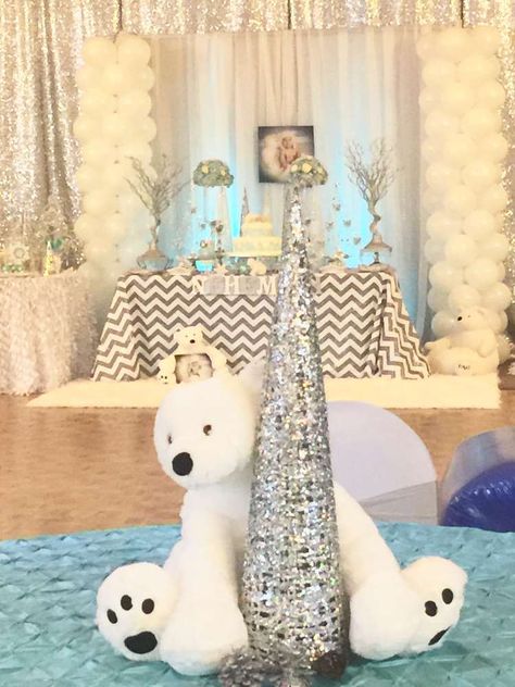 Amazing Winter | CatchMyParty.com Polar Bear Themed Birthday Party, Polar Bear Party Decorations, Polar Bear Centerpieces, Polar Bear Themed Baby Shower Ideas, Polar Bear Baby Shower Theme Boy, Winter Wonderland 1st Birthday Boy, Polar Bear Theme Party, Polar Bear Baby Shower Theme, Winter Wonderland Baby Shower Ideas Boy