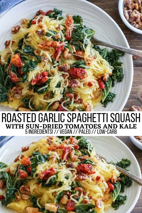 Roasted Garlic and Kale Spaghetti Squash with Sun-Dried Tomatoes - The Roasted Root Spaghetti Squash Garlic Noodles, Whole30 Pasta Recipes, Fresh Jalapeno Recipes Healthy, Spaghetti Squash Vegan Recipes, No Carb Vegetarian Recipes, No Carb Recipes For Dinner, Healthy Dinner Recipes For Diabetics, Lazy Healthy Dinner, Speggetti Squash Recipes Spaghetti