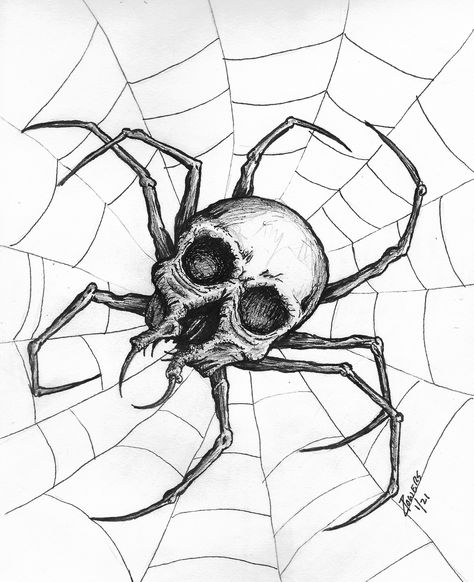 Spider Skeleton Drawing, Pen Spider Drawing, Spider With Web Drawing, Spider Nest Drawing, Skull Spider Drawing, Spider Skull Tattoo Design, Spider With Skull Tattoo, Creepy Spider Art, Spider Ink Drawing