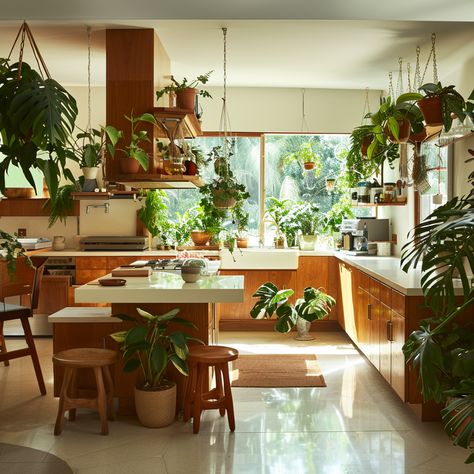 The Ultimate Mid-Century Kitchen Guide Mid Century Modern With Plants, Mid Century Modern Loft Apartment, Small 70s Kitchen, Mcm Kitchen Island, Mid Century Modern Home Design, Mid Century Modern Loft, Kitchen With Plants, Mid Century Decorating Ideas, Mid Century Kitchen Cabinets