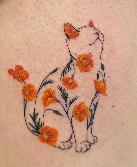 Orange Kitty Tattoo, Tattoos That Go With Flowers, Cat Tattoos With Flowers, Kitty Cat Tattoos, Two Foxes Tattoo, Catnip Tattoo, Cat Related Tattoos, Cat Flowers Tattoo, Cat Tattoo Flowers