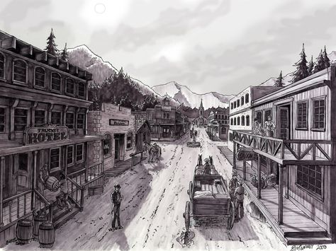 Old Western Towns Drawing, Western Town Drawing, Wild West Town Art, Western Town Art, Old Western Drawings, Wild West Drawing, Wild West Town, Town Background, Town Drawing