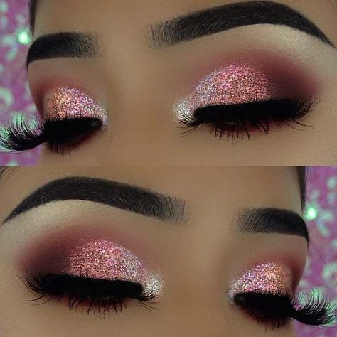 Pink Glitter Eye Makeup, Makeup Cantik, Make Up Designs, Nye Makeup, Eyeliner Hacks, New Years Eve Makeup, Pink Eye Makeup, Glitter Eye Makeup, Glitter Eye