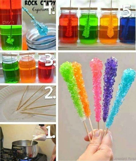 Diy Rock Candy, Rock Candy Experiment, Homemade Rock Candy, Rock Candy Recipe, Vetenskapliga Experiment, Candy Experiments, Kid Experiments, Science Projects For Kids, حلويات صحية