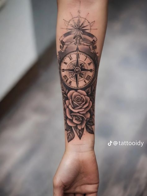 Pocket Watch Compass Tattoo, Mandala Compass Tattoo, Wrist Clock, Mandala Compass, Compass Clock, Men's Tattoos, Full Hand Tattoo, Masculine Tattoos, Disney Character Art