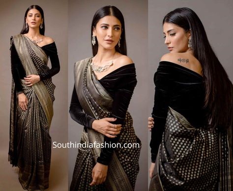 Off Shoulder Saree Blouse, Black Silk Saree, Velvet Blouse Design, Black Blouse Designs, Contemporary Silver Jewelry, Lichi Silk Saree, Shruti Haasan, Sarees For Girls, Sleek Hair