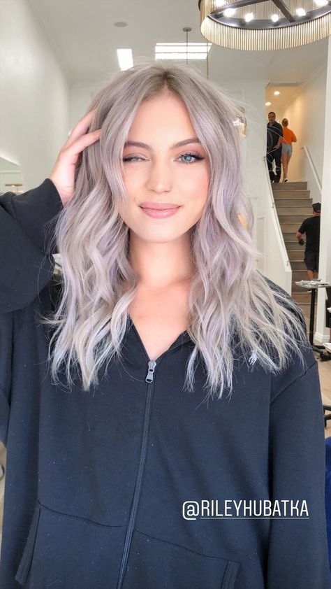 Riley Hubatka Hair, Hair Colour For Pale Skin And Blue Eyes, Miranda Frost, Lavender And Blonde Hair, Silver Lavender Hair, Purple Blonde Hair, Ash Blonde Hair Balayage, Purple Grey Hair, Riley Hubatka