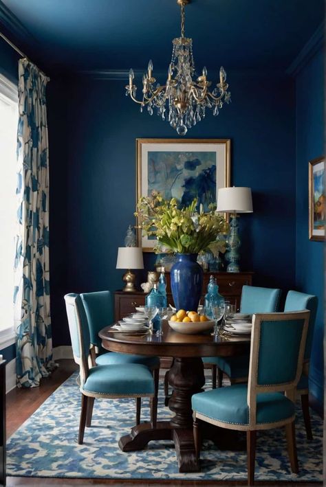 dining room color scheme ideas in audacious sapphire e 2 Dining Room With Crystal Chandelier, Navy Dining Room Decor, Dining Room Color Scheme Ideas, Dark Blue Dining Room, Blue Dining Room Walls, Interior Design Timeless, Dining Room Teal, Dining Room Navy, Colonial Dining Room