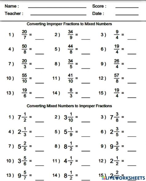 Converting Fractions To Mixed Numbers, Like Fractions Worksheet, Mixed Fraction To Improper Fraction, Adding Improper Fractions, Improper Fractions Worksheet, Converting Mixed Numbers To Improper, Converting Improper Fractions To Mixed, Mixed Numbers Worksheet, Mixed Fractions Worksheets