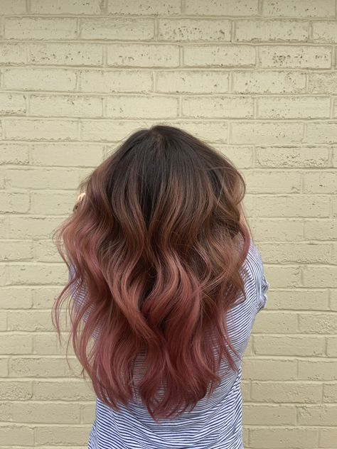 Pastel Pink Hair Balayage Brown, Rose Gold Streaks In Black Hair, Pink Hair Inspiration Ombre, Rose Gold On Brunette Hair, Rose Gold Peak A Boo Hair, Rose Brown Ombre Hair, Brunette Pink Ombre, Brown To Rose Gold Hair, Light Pink Balayage Black Hair