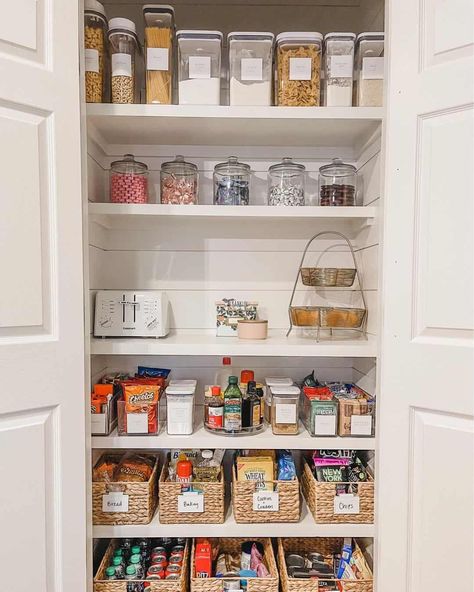 25 Pantry Shelving Ideas for Spaces Large and Small Small Pantry Ideas Closet, Closet Pantry Shelving, Small Pantry Closet, Pantry Organization Ideas Shelves, Pantry Closet Organization, Pantry Shelving Ideas, Tiny Pantry, Paneling Makeover, Wooden Pantry