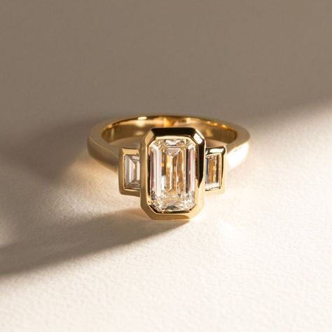 Engagement Ring With Flat Band, Minimalist Rectangle Engagement Ring, Inlayed Engagement Ring, Naveya And Sloane Engagement, Bezel Baguette Engagement Ring, Engagement Rings With Bezel Setting, Thick Band Bezel Engagement Ring, Signet Ring Engagement, Gold Non Traditional Engagement Ring