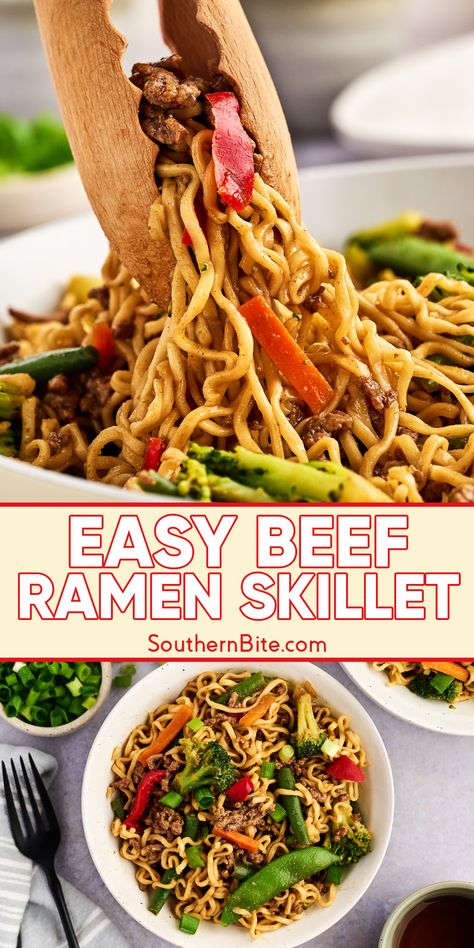 A delicious one-pot meal, this Easy Beef Ramen Skillet recipe comes together in less than 30 minutes, and you’ll love the rich flavors of ground beef, soy sauce, and delicious stir-fry veggies! Ground Beef Southern Recipes, Easy Beef Ramen, Ramen Skillet, Beef Ramen Noodle Recipes, Beef Noodle Stir Fry, Soul Recipes, Ground Beef Stews, Beef Ramen, Beef Pasta Recipes