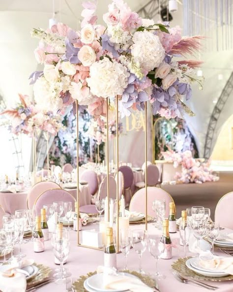 Lilac And Pink Centerpieces, Color Scheme For Quinceanera, Bubble Gum Pink Wedding Ideas, Dreamy Whimsical Wedding, Lilac Theme Wedding Decor, Pastel Colors Quinceanera Theme, Pink And Lavender Flower Centerpieces, Lavender And Pink Quinceanera, Lavender And Gold Wedding Decorations