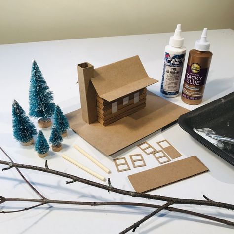 Christmas Houses Diy Craft Ideas, Christmas Village Set Up Ideas Diy, Diy Miniature Christmas Village, Diy Christmas Village Houses Cardboard, Mini Christmas Houses Diy, Christmas Village Craft, Putz Houses Templates Free Printable, Log Cabin Diy, Diy Christmas Houses Village