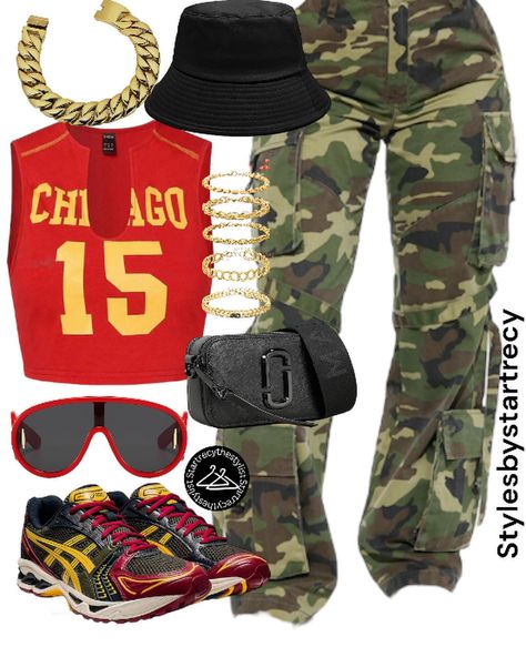 #concertlooks Camo And Red Outfit, Camo Outfits For Black Women, Camo And Red, Camo Outfits, Bratz Inspired Outfits, Teen Swag Outfits, Trendy Fashion Outfits, Classy Casual Outfits, Tshirt Outfits