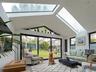 Home Appointments with Clearview | Conservatories, Windows & Doors Flat Roof Skylights, Aluminium French Doors, Upvc French Doors, Gable Window, Conservatory Design, Apex Roof, French Doors Exterior, Roof Extension, Open Plan Kitchen Living Room