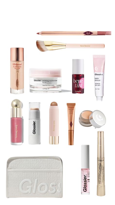 Good Quality Makeup Products, Aesthetic Makeup Collection, Makeup Essentials Aesthetic, It Girl Makeup Products, Mini Makeup Products, Glossier Makeup Bag, Makeup Usa, Make Up Essentials, Evening Eye Makeup