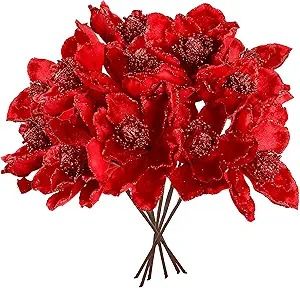 Amazon.com: Sggvecsy 10Pcs Christmas Glitter Flowers Christmas Tree Ornaments Artificial Poinsettia Flower Velvet Magnolia Stems Floral Picks for Xmas Wedding DIY Crafts Wreath Party Floral Decorations (Red) : Home & Kitchen Poinsettia Flower Arrangements, Party Floral Decorations, Flowers Christmas Tree, Wreath Party, Holiday Floral Arrangements, Poinsettia Decor, Xmas Wedding, Wedding Crafts Diy, Christmas Glitter