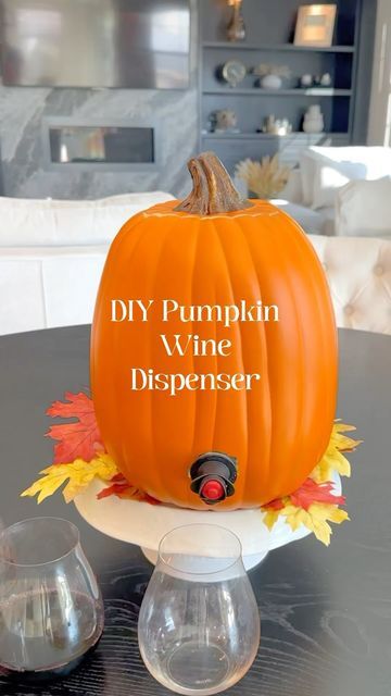 Linda | Make Life Extra | Fun Recipes + Home Finds + DIY on Instagram: "A pumpkin wine dispenser is so fun to serve wine for your fall gatherings. 🎃 All you need is a craft pumpkin. Just cut off the top and then cut a whole for the spout. Add your favorite boxed wine and put in a cake stand. Perfect for fall gatherings. 🍁🎃  #pumpkinwinedispenser #falldiy #winedispenser #fallentertaining #craftpumpkins #pumpkindiy #fallhosting #michaelsstores" Box Wine In Pumpkin, Wine In A Pumpkin, Wine In Pumpkin, Box Wine Dispenser Diy, Pumpkin Wine Dispenser, Wine Pumpkin, Bday Sleepover, Wine Halloween, Boxed Wine