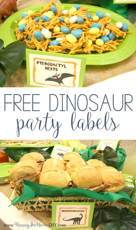 Visit hunnyimhomediy.com to check out my dinosaur birthday party and get access to free printable dinosaur party food labels. Dino Birthday Party Food Dinosaur Snacks, Three Rex Birthday Party Girl Food, Dinosaur Birthday Party Food Ideas, Free Printable Food Labels, Printable Food Labels, Dinosaur Birthday Party Food, Dinosaur Party Food, Dinosaur Food, Dinosaur Birthday Theme