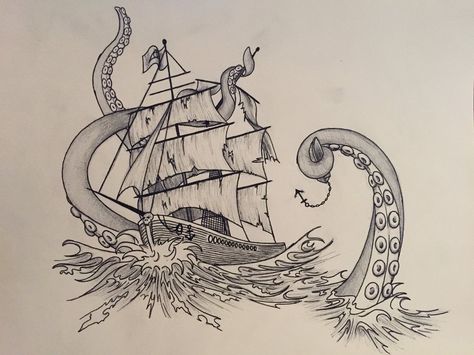 Ship Line Art, Kraken Attacking Ship, Kraken Ship, Ship Drawing, Kraken, I Tattoo, Line Art, Humanoid Sketch, Tattoos