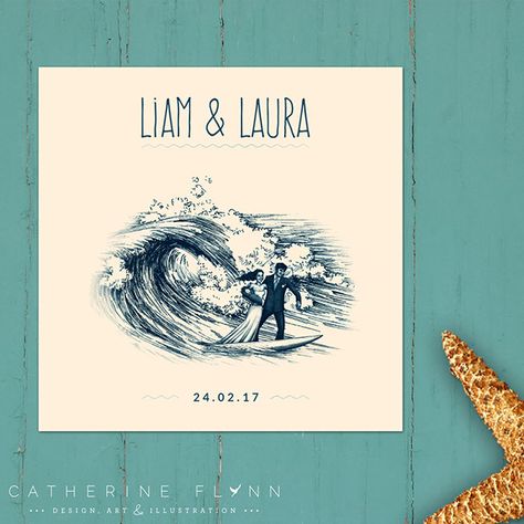 WEDDING STATIONERY Main Invitation I had the pleasure of illustrating and designing this fun and modern invitation suite for the wonderful Laura and Liam, who had a clear vision of what they wanted to represent their big day. Their wedding emblem shows them surfing into the sunset with their baby girl in their arms.The logo and suite itself continue the nautical theme, of course! :) Surf Wedding Invitations, Surf Themed Wedding, Wedding Emblem, Surfer Wedding, Surf Wedding, Handmade Wedding Invitations, Modern Invitation, Clear Vision, Invitation Suite