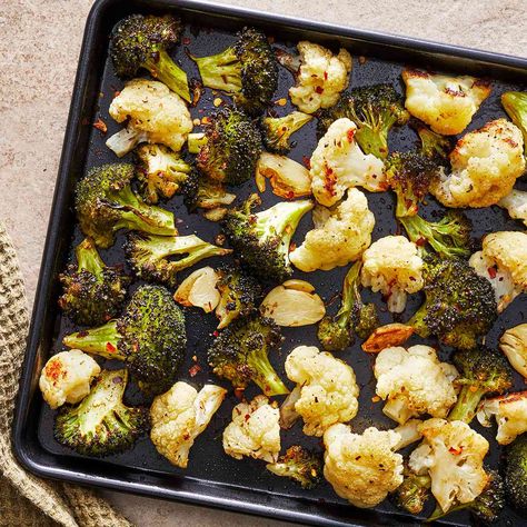 Roasted Broccoli & Cauliflower Roasted Broccoli And Cauliflower, Roast Frozen Broccoli, Garlic Vinaigrette, Cauliflower And Broccoli, Roasted Broccoli Recipe, Garlic Broccoli, Broccoli And Cauliflower, Broccoli Cauliflower, Frozen Veggies