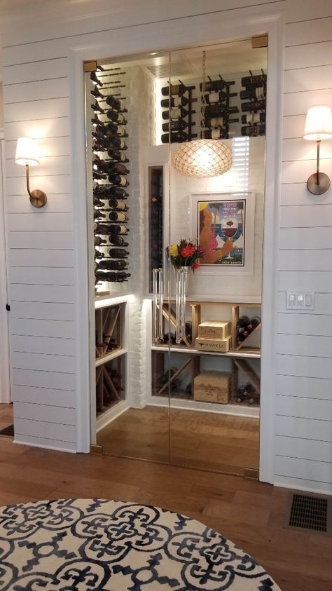 White shiplap wine cellar Wine Cellar Small, Wine Cellar Closet, Wall Clock Ideas, Under Stairs Wine Cellar, Home Wall Decor Living Room, Wine Room Design, Home Wine Bar, Wine Cellar Basement, Wine Closet