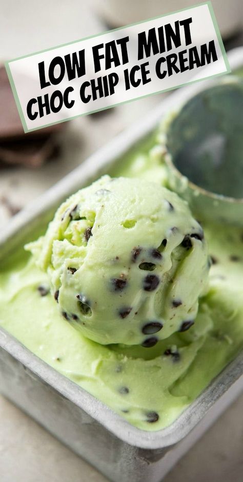 Low Fat Mint Chocolate Chip Ice Cream recipe from RecipeGirl.com #low #fat #lowfat #light #mint #chocolate #chip #chocolatechip #ice #cream #icecream #recipe #RecipeGirl Low Fat Ice Cream Recipe, Mint Choc Chip Ice Cream, Homemade Mint Chocolate Chip Ice Cream, Mint Chocolate Chip Ice Cream Recipe, Chocolate Chip Ice Cream Recipe, Low Fat Ice Cream, Mint Choc Chip, Mint Chip Ice Cream, Ice Cream Maker Recipes