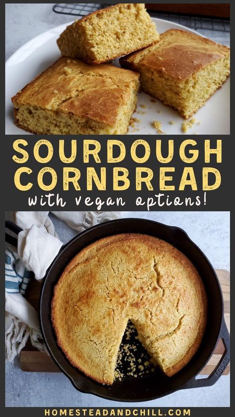 Cornbread Recipe Vegan, Sourdough Cornbread Recipe, Sourdough Cornbread, Vegan Egg Replacement, Cooking Tricks, Homemade Breads, Homemade Sourdough, Sourdough Starter Recipe, Baking Fun