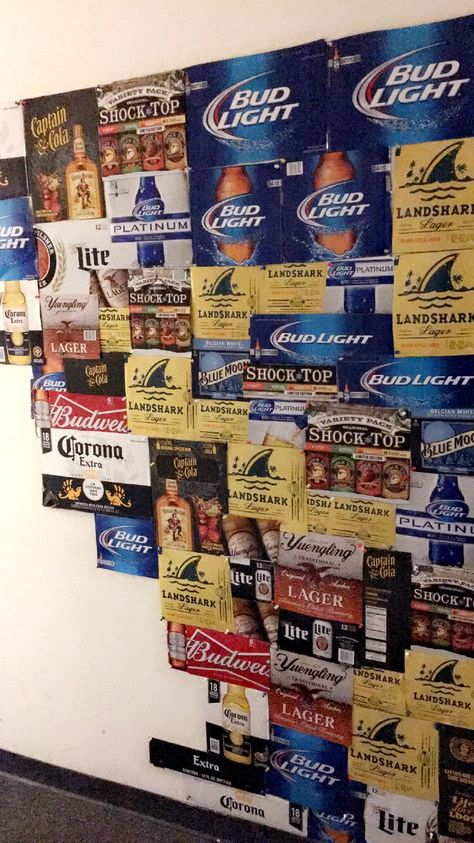 Collage of beer cardboard boxes. Great for college room! Beer Box Wall, San Diego Apartments, Beer Box, Beer Wall, College Room Decor, Box Wall, College Room, Garage Shop, Bud Light