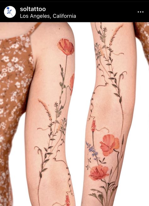 Floral Henna Tattoo Designs, Bed Of Flowers Tattoo, Vine And Flower Tattoo Sleeve, Wild Flower Tattoo Sleeve, Wildflower Leg Tattoo, Star Tattoo On Shoulder, Flower Vine Tattoos, Colorful Flower Tattoo, Roots Tattoo