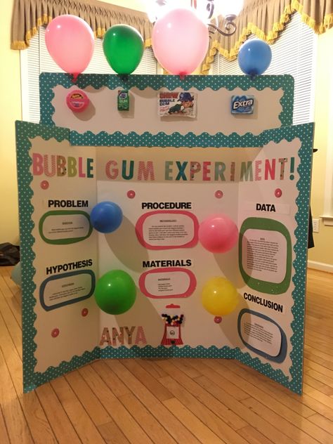 Bubblegum Science Fair Project, Bubble Gum Science Fair Project, School Science Project Ideas, Chemistry Science Fair Projects, Science Fair Display Board, Tri Fold Poster Board, Kids Science Fair Projects, Elementary Science Fair Projects, Science Fair Board