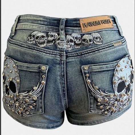 Platinum Plush Shorts | Platinum Plush Tribe Of Skulls Rhinestone Shorts | Color: Blue/Silver | Size: Various Rhinestone Shorts, Trashy Outfits, Pocket Embroidery, 2000s Fashion Outfits, Y2k Outfits, Baggy Pants, Swaggy Outfits, Mode Inspo, Really Cute Outfits