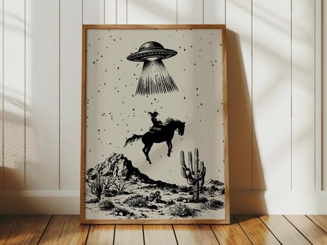 This Space Cowgirl print is the trendy western aesthetic you've been looking for! This piece effortlessly combines retro, futuristic, and space western to show off an edgy vibe! Printable wall art is an easy, affordable way to quickly showcase your unique decor style and transform your space. How it works: 🛒 Buy  ⬇️Download 🖨️Print  🖼️Hang After purchase, your download link will be sent instantly. Access your files in Etsy from a computer or laptop browser (note that you cannot download your Cow Print Aesthetic Room, Space Cowboy Interior Design, Space Cowgirl Decor, Space Western Aesthetic, Room Decor Cowgirl, Space Cowboy Decor, Western Art Ideas, Cosmic Cowgirl Aesthetic, Edgy Apartment Decor