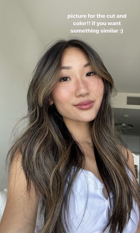 Asian Subtle Balayage, Bleached Money Piece Dark Hair, Highlights For Dark Brown Hair Asian, French Balayage Dark Hair Indian, Asian Cool Brown Hair, Korean Hair Highlights, Money Pieces On Dark Hair, Narcissa Hair, Asian Bayalage Hair