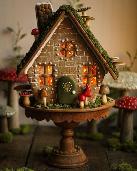 Must Love Herbs on Instagram: “My Gingerbread Toadstool Cottage! It has a “living roof” made from cake crumbs. There are marzipan mushrooms that I hand sculpted and…” Love Herbs, Gingerbread House Ideas, Homemade Gingerbread House, Gingerbread House Patterns, Gingerbread Cottage, Cottagecore Christmas, Gingerbread House Parties, Gingerbread House Designs, Gingerbread Party