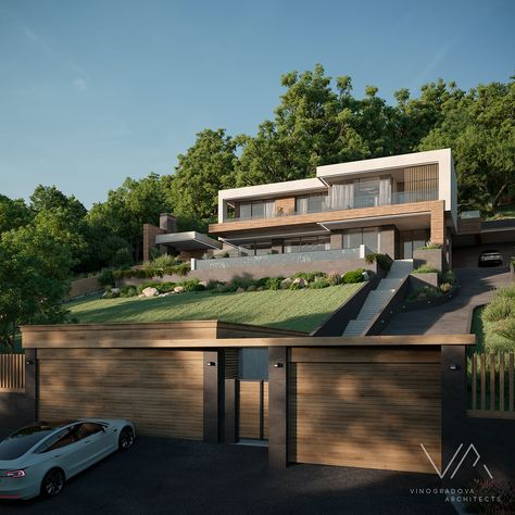 Villa in Gagra on Behance Garage Under House Slope, Hill Villa Design, House On A Hill With Pool, Villas On Slope, Sloping Lot House Plans Modern, Modern House On A Slope, Modern House Hillside, Sloped House Design, Villa On Slope