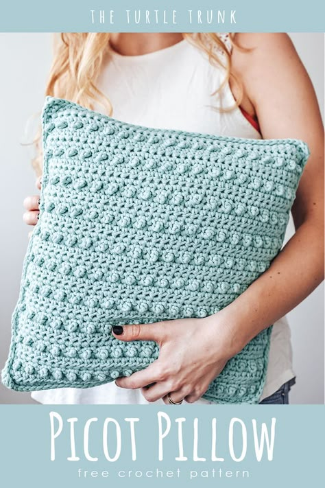 Pinterest pin for the picot pillow crochet pattern by The Turtle Trunk Easy Crochet Pillow, Pillow Cover Crochet Pattern, Picot Crochet, Crochet Pillow Patterns Free, Crochet Cushion Pattern, Pillow Covers Pattern, Crochet Pillow Cover, Crochet Cushion Cover, Crochet Pillow Pattern