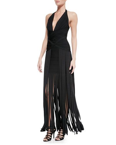 T91KS Herve Leger Rebekah Fringe Halter Gown Fringe Jumpsuit, Halterneck Jumpsuit, Herve Leger Dress, Fringe Fashion, Halter Gown, 5th Avenue, Long Maxi Skirts, Herve Leger, City Style