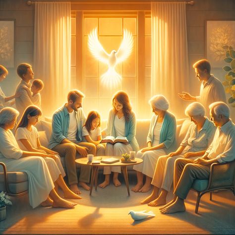 A serene and harmonious family scene, representing the Holy Spirit's presence in family life. The image shows a diverse group of family members of various ages, gathered in a warm, inviting living room. They are engaged in loving, peaceful interactions, like reading the Bible together, having a gentle conversation, and offering support to each other. The room is bathed in soft, warm light... Family Praying Together Picture, Holy Spirit Images, Holly Spirit, Jesus Cross Wallpaper, Biblical Artwork, Prayer Images, Inviting Living Room, Reading The Bible, Bible Verses Kjv