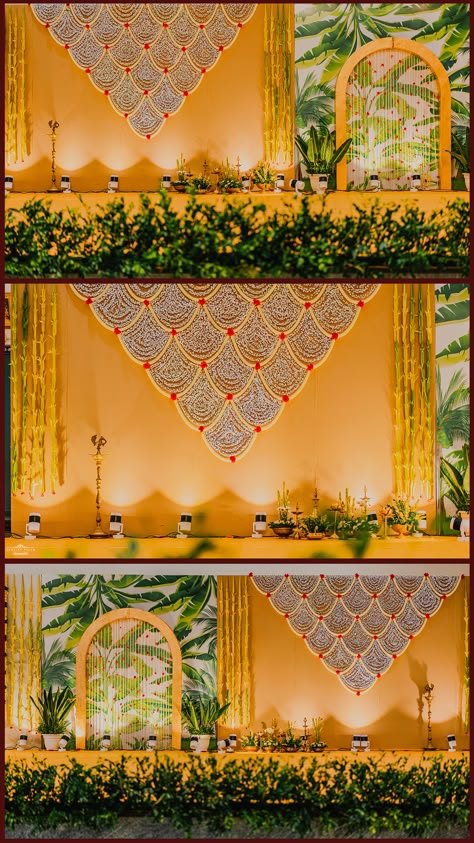 This decor is a harmonious blend of tradition, elegance, and sophistication, creating a captivating and visually stunning ambiance that not only delights the eyes but also soothes the soul❤️ Yellow Backdrop Ideas, Haldi Backdrop Stage Decorations, Backdrop Design For Wedding, Green Backdrop Wedding, Decoration Wedding Indoor, Flex Backdrop, Floating Mandap, Traditional Backdrop Decoration, Haldi Backdrop