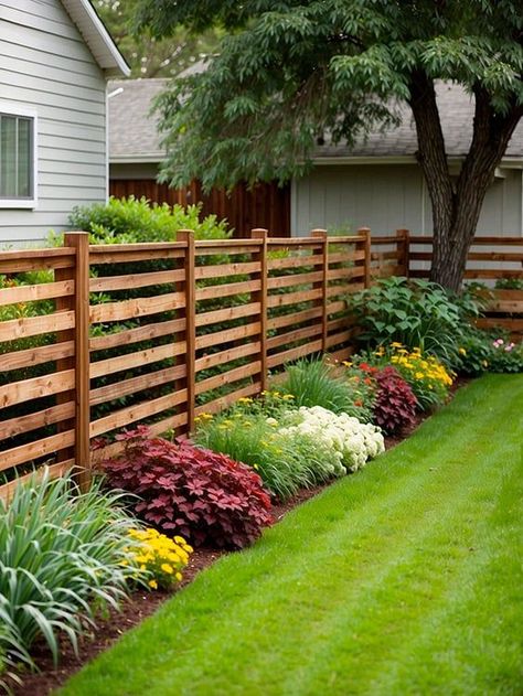 Landscaping Fenced In Backyard, Wood Fence Design Farmhouse, Wooden Slat Fence, Patio With Fence Around It, Short Wooden Fence, Gardens Along Fences, Decorative Wooden Fence, Rustic Privacy Fence Ideas, Trees Against Fence