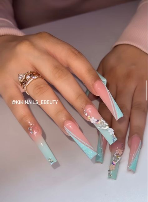 Cyan Nails Design, Aquamarine Nail Designs, Aqua Acrylic Nails Turquoise, Prom Nails Mint Green, Spring Long Nails 2024, Light Teal Acrylic Nails, Mint Prom Nails, Turquoise Birthday Nails, Tiffany Co Nails